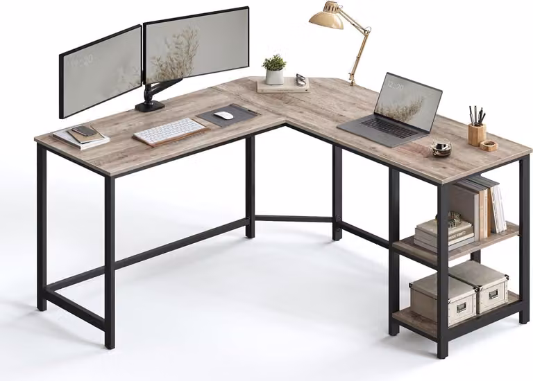 Biurko VASAGLE, biurko narożne w kształcie litery L z 2 półkami, biurko oszczędzające miejsce w industrialnym stylu, 138 x 138 x 75 cm, szaro-czarne