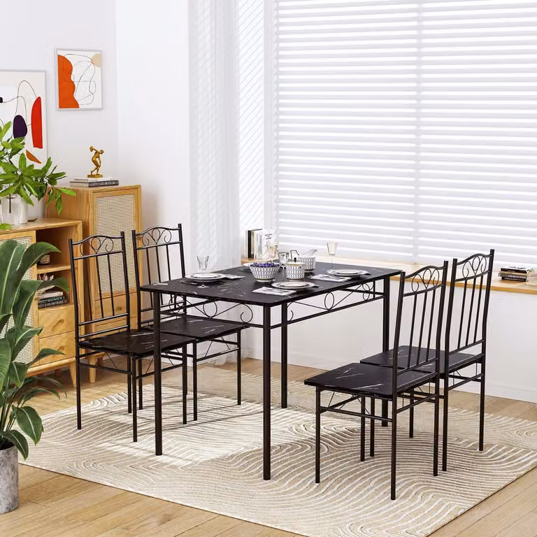 Stół jadalniany z 4 krzesłami, zestaw 5-elementowy, drewno i metal, wymiary 109 x 69 cm, styl industrialny, imitacja marmuru, kolor czarny