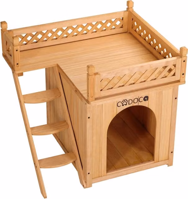 Drewniana budka dla kota Cadoca z balkonem, brązowa, W x S x G: 64,5 x 53,5 x 54,5 cm