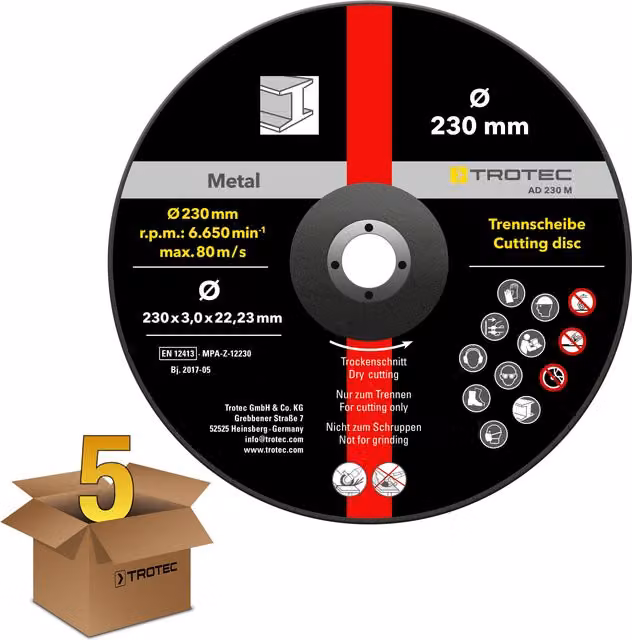 Zestaw 5 sztuk tarcz tnących do metalu Trotec 230 mm, kolor czarny