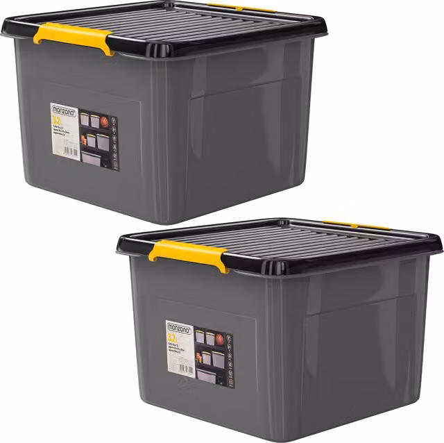 Zestaw 2 plastikowych pudełek do przechowywania monzana® z pokrywkami i uchwytami, kolor szary, antracytowy i żółty, W x S x G: 26 x 39 x 39 cm, możliwość sztaplowania