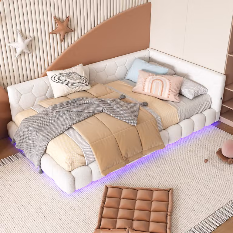 Łóżko tapicerowane Merax 90x200cm z oświetleniem LED i złączem USB, łóżko dzienne ze stelażem listwowym, sofa rozkładana z pluszu, funkcjonalne łóżko podwójne łóżko dziecięce, białe