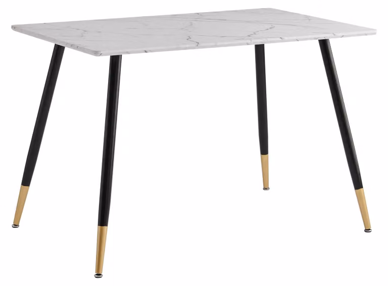 Stół jadalniany, styl skandynawski, dekoracyjna okleina marmurowa, metalowe nogi, wymiary: 110x70x75 cm, kolor biały