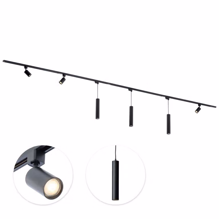 Qub Focus III – system szyn LED – czarny – 1-fazowy – 400 cm – 3x reflektory punktowe i 3x lampy wiszące – kształt litery I – GU10