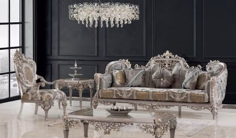 Casa Padrino barokowy zestaw do salonu szary / srebrny / złoty - 2 sofy i 2 fotele i 1 stolik kawowy i 2 stoliki boczne - Ręcznie robione meble do salonu w stylu barokowym - Szlachetne i wspaniałe