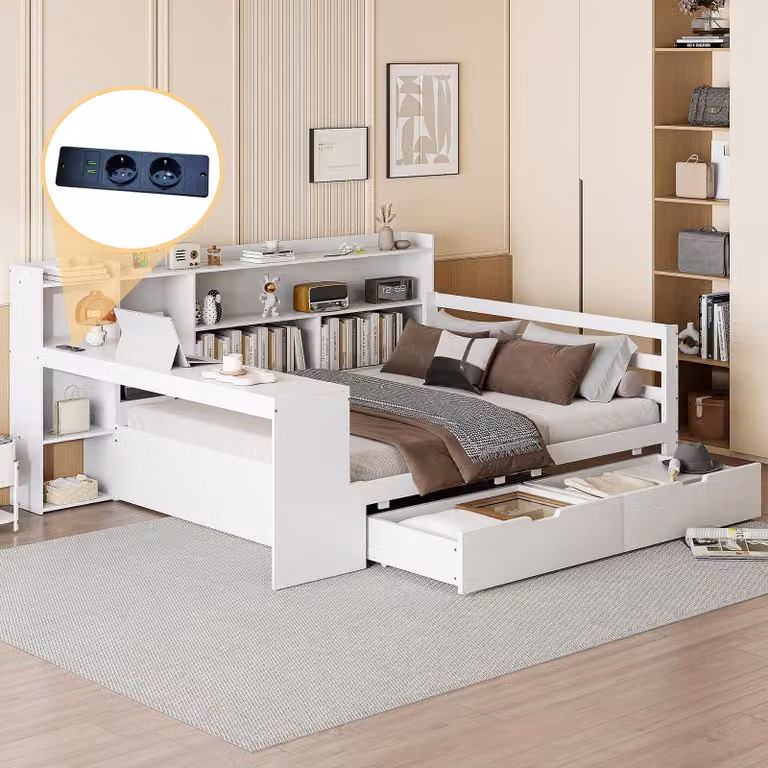 Rozkładana sofa z litego drewna, 140 x 200 cm (biała): wielofunkcyjne łóżko podwójne, biurko + regał na książki, schowek (półki + półki), gniazdko elektryczne