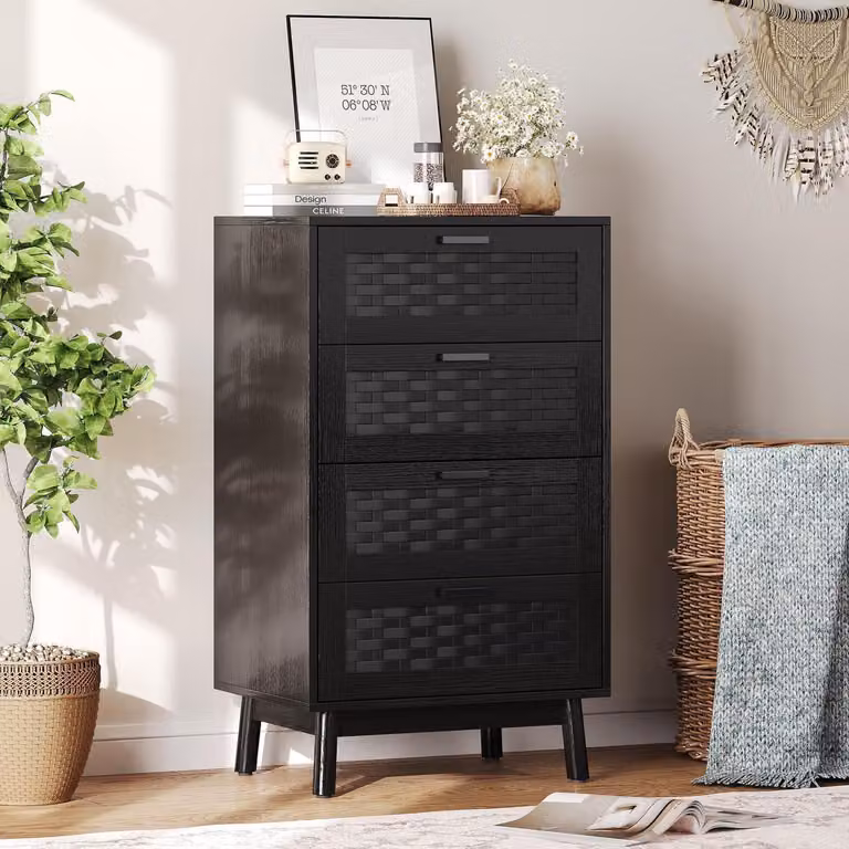 Komoda z 4 szufladami, imitująca rattan, wymiary: 55x40x95 cm, kolor: czarny. Szafka RTV, meble do przechowywania, salon, przedpokój