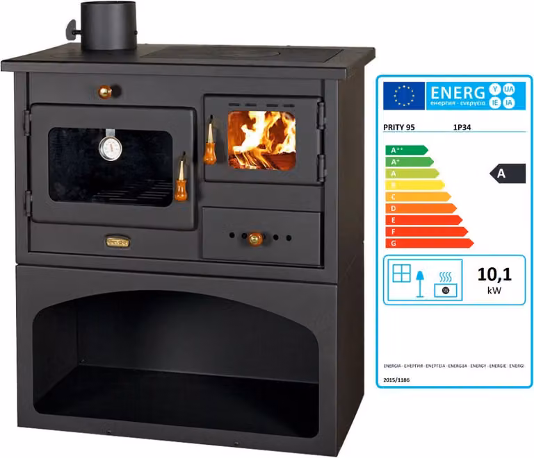 EEK A - Piec kominkowy PRITY 1P34 10,1 kW z piekarnikiem i metalową płytą Piec lewy
