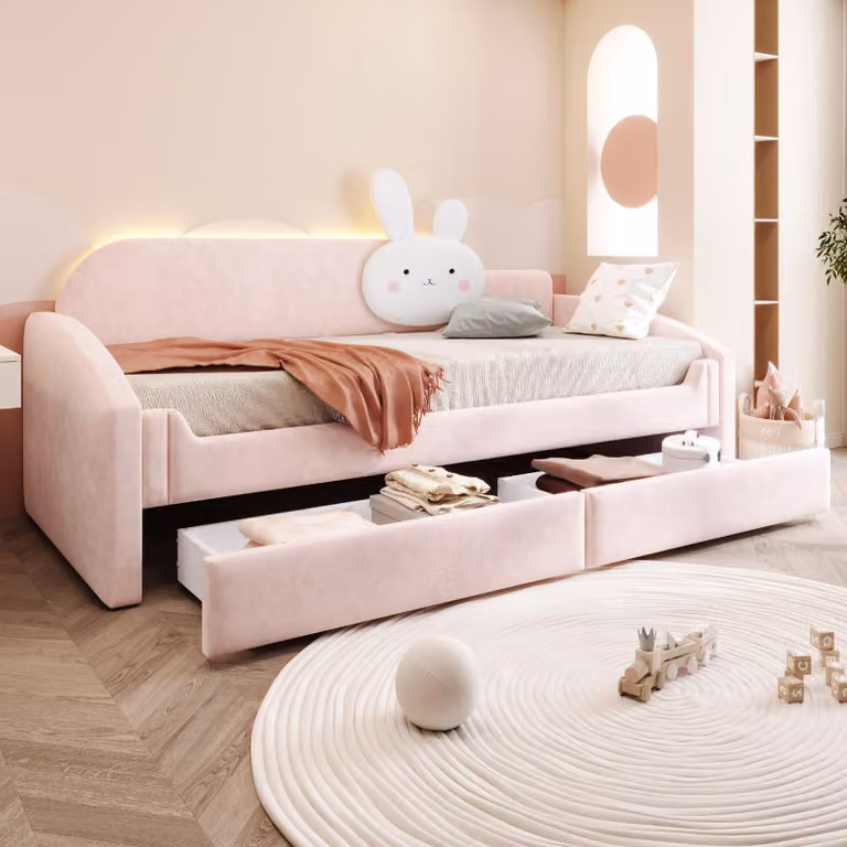 Sofa rozkładane Flieks, 90x200 cm, z 2 szufladami, łóżeczko dziecięce z poduszką w kształcie królika, sofa-łóżko typu "tagesbett" z oświetleniem LED i podłokietnikami, aksamit, różowe