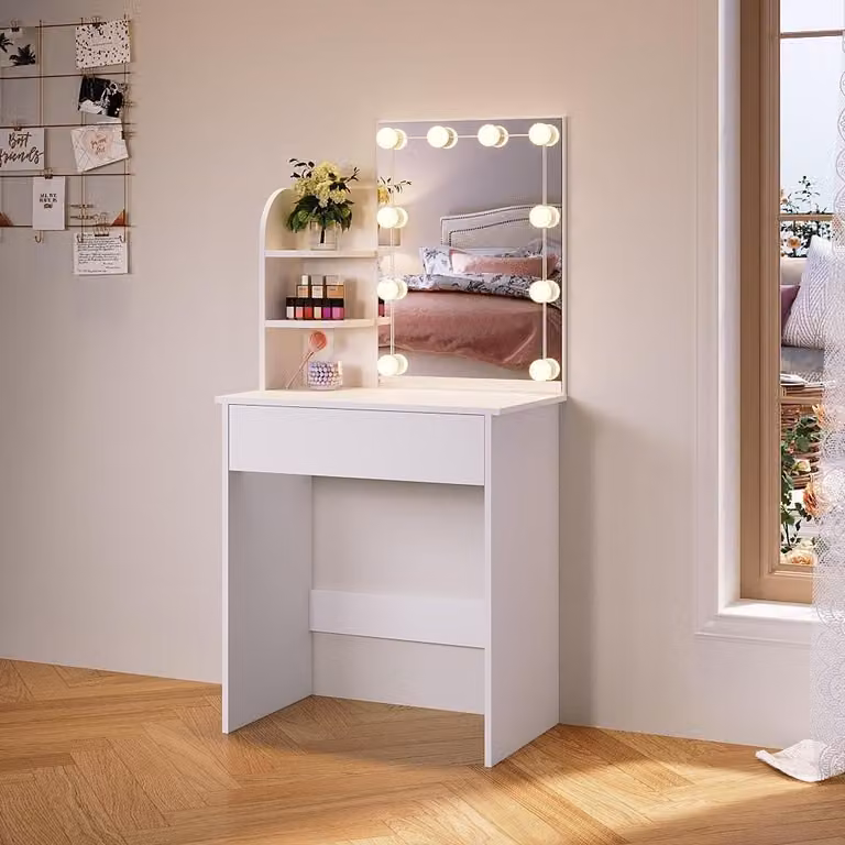 Toaletka z lustrem - Mebel kosmetyczny - Do makijażu - Regulowane oświetlenie LED - 70 x 40 x 140 cm - Biały