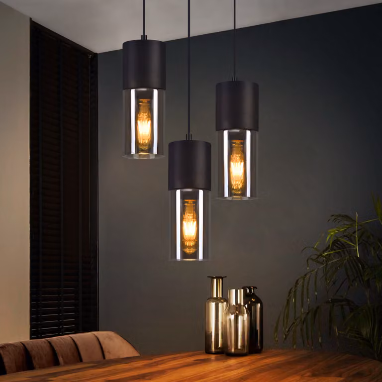 ZMH Lampa wisząca do jadalni Czarna 3 płomienna E27 Metalowa lampa wisząca Szklane okrągłe lampy stołowe do kuchni Jadalnia Schody Sypialnia