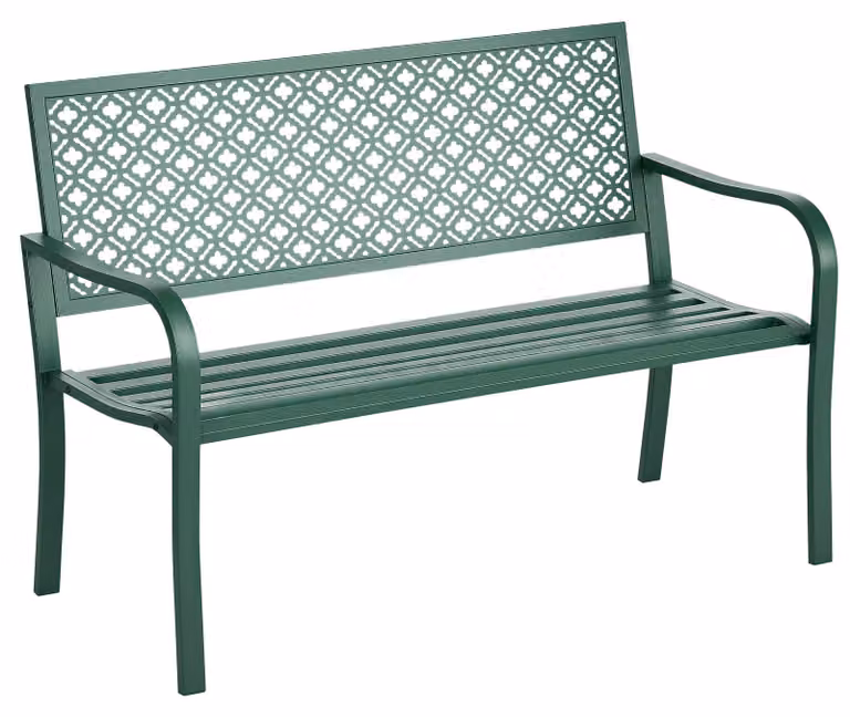 Ławka ogrodowa - model 84G-043V00DG - dwuosobowa - metalowa - geometryczny wzór kwiatowy - zielona - maksymalne obciążenie: 240 kg