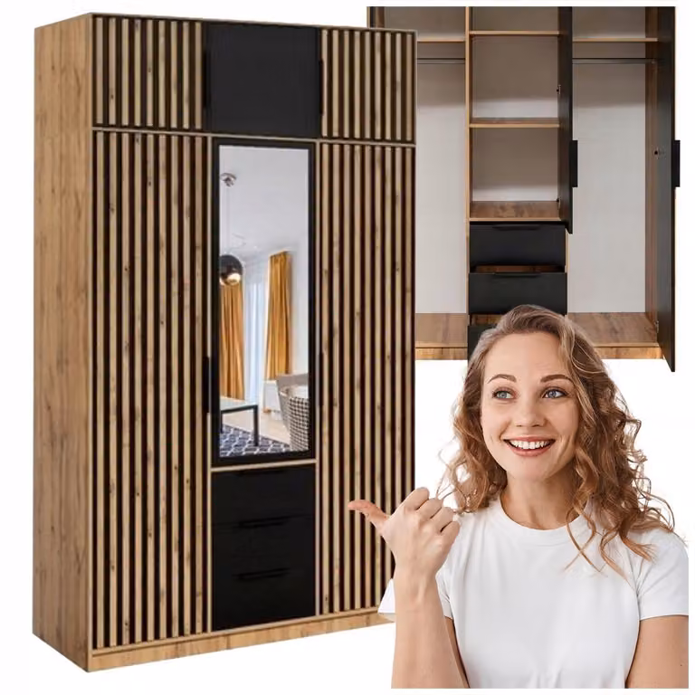 Szafa z lustrem uchylna otwierana z nadstawką lamele dąb wotan czarna 149cm BARI