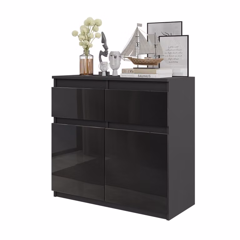Komoda 80 Cm Antracyt / Czarny Połysk 2 Szuflady 2 Drzwi 2 Półki, Salon, Sypialnia