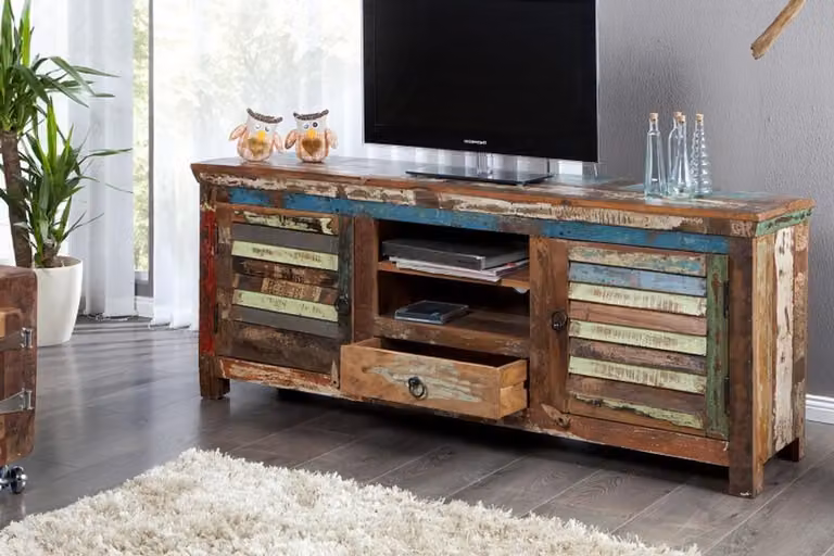 Casa Padrino Designer Sideboard Multicoloured W.150 x H.60 x D.40 - Szafka pod TV - Komoda - Ręcznie wykonana - Lite drewno