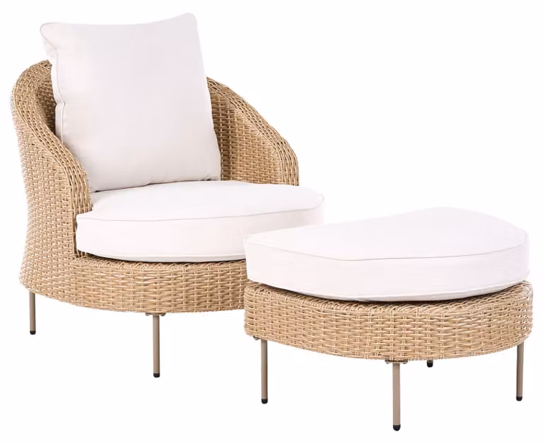 BELIANI Fotel ogrodowy z podnóżkiem beżowy odcień biała poducha technorattan boho design meble zewnętrzne