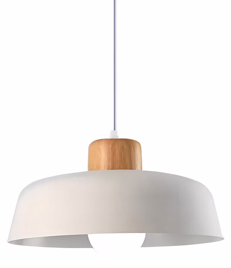 Lampa wisząca, okrągła, średnica 30 cm, wykonana z żelaza i drewna, gwint E27, styl nowoczesny, kolor biały