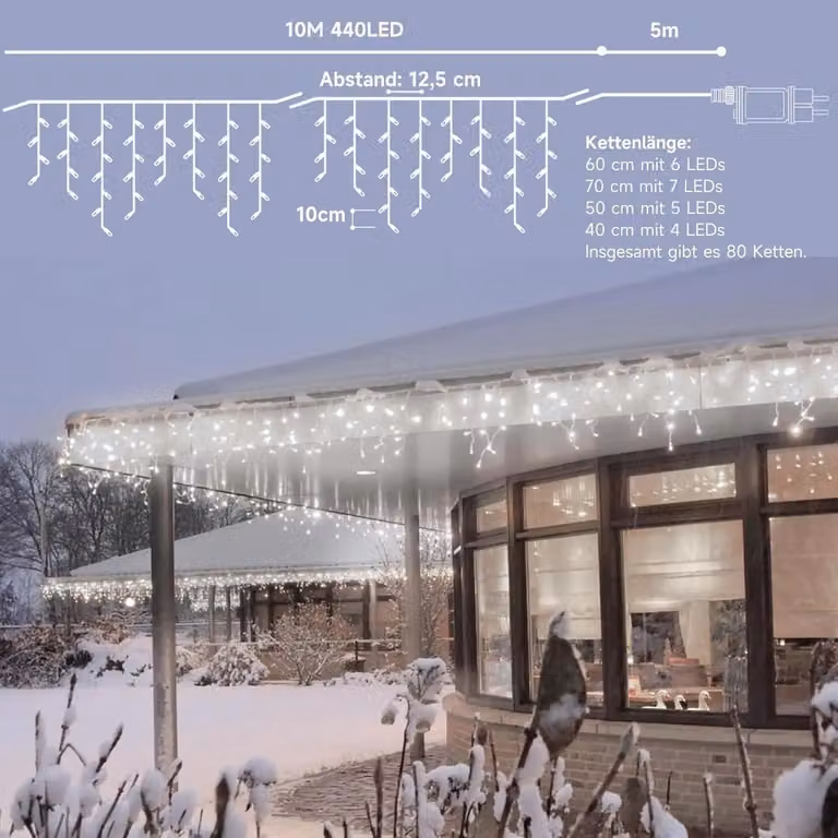 Oświetlenie świąteczne na zewnątrz – kurtyna świetlna LED – 10 m – IP44 – 8 trybów – timer – 31 V – biała