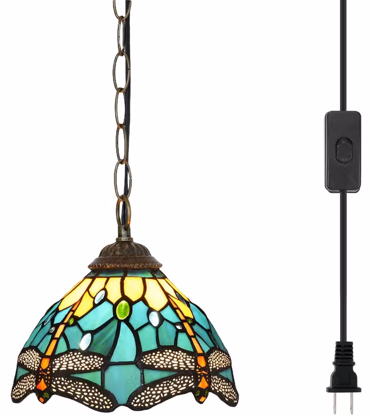 Lampa sufitowa Tiffany, motyw: zielona ważka, szkło kolorowe, regulowana wysokość