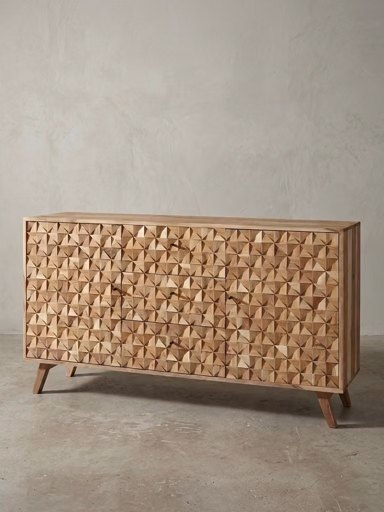 Kredens "Alme", lite drewno akacjowe, styl wiejski, 3 szuflady i 2 drzwi. 140x40x79 cm | Kadima Design