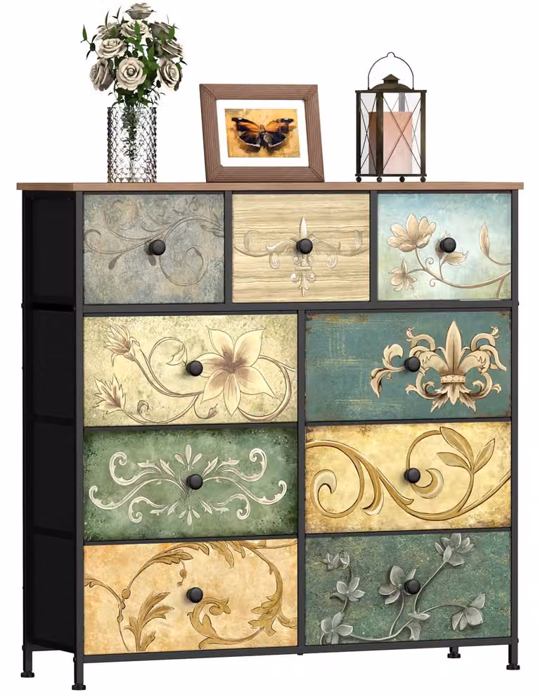 Komoda z 9 szuflad - Materiał: tkanina - Wymiary: 99 x 30 x 100 cm - Wzór: vintage