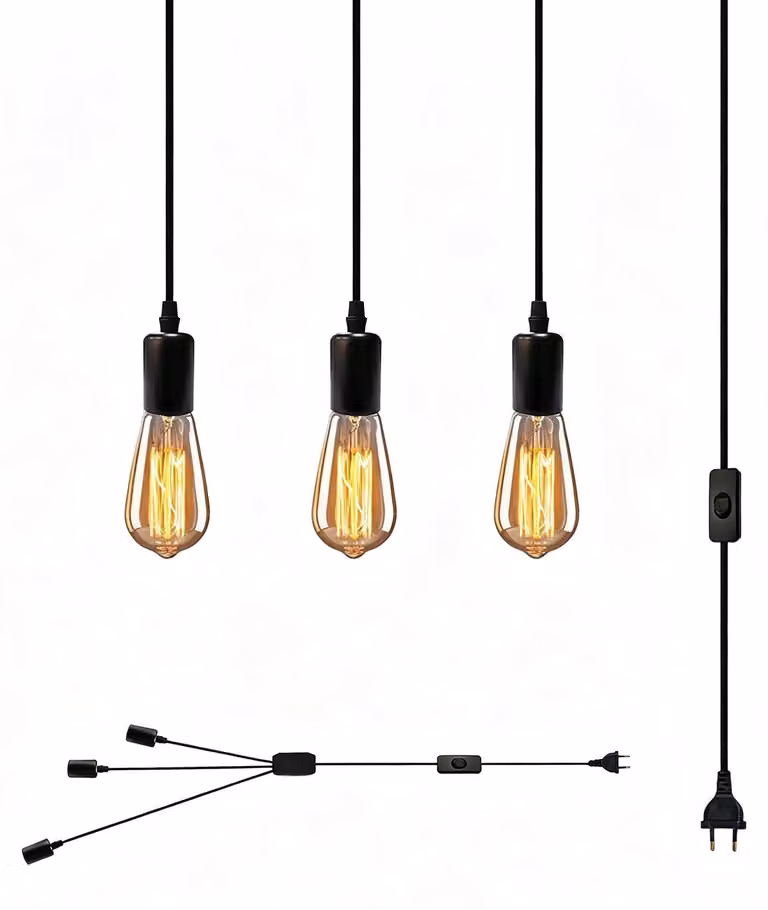 Lampa wisząca z wtyczką i przełącznikiem, 3 żarówki typu E27, kolor: czarny, styl industrialny