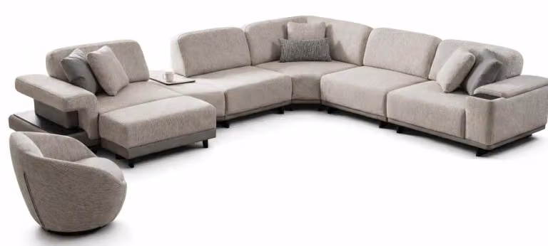Zestaw do salonu w nowoczesnym stylu, szary, designerska sofa narożna w kształcie litery U, wygodna, obita tkaniną