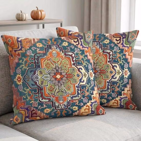 Zestaw 2 pokrowców na poduszki zewnętrznych, 50 x 50 cm, w stylu boho vintage, egzotyczne poduszki do salonu, wykonane z weluru, abstrakcyjne wzory. Pokrowce dekoracyjne do ogrodu, tarasu