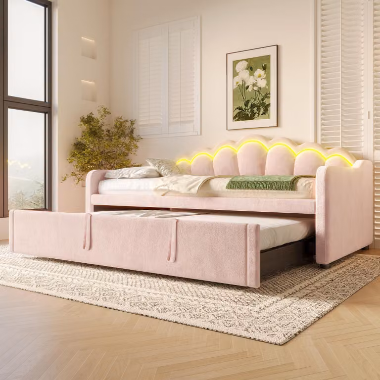 Łóżko tapicerowane Flieks 90x200cm z wysuwanym łóżkiem, rozkładana sofa młodzieżowa łóżko dziecięce z LED, drewniane łóżko rozkładana sofa, aksamit, różowy