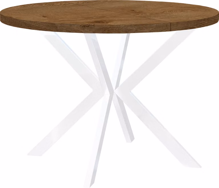 Okrągły stół jadalny biały ENDIK, rozkładany, 100/150 cm, dąb Lefkas z metalową podstawą – styl industrialny, loft