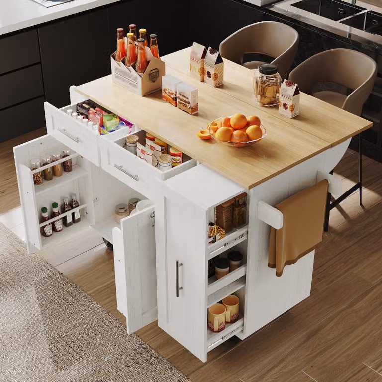 Wyspa kuchenna o wymiarach 110x46x90,5 cm, w białym kolorze, wykonana z MDF i metalu. Wózek kuchenny z rozkładanym blatem i miejscem do przechowywania, idealny do kuchni i jadalni