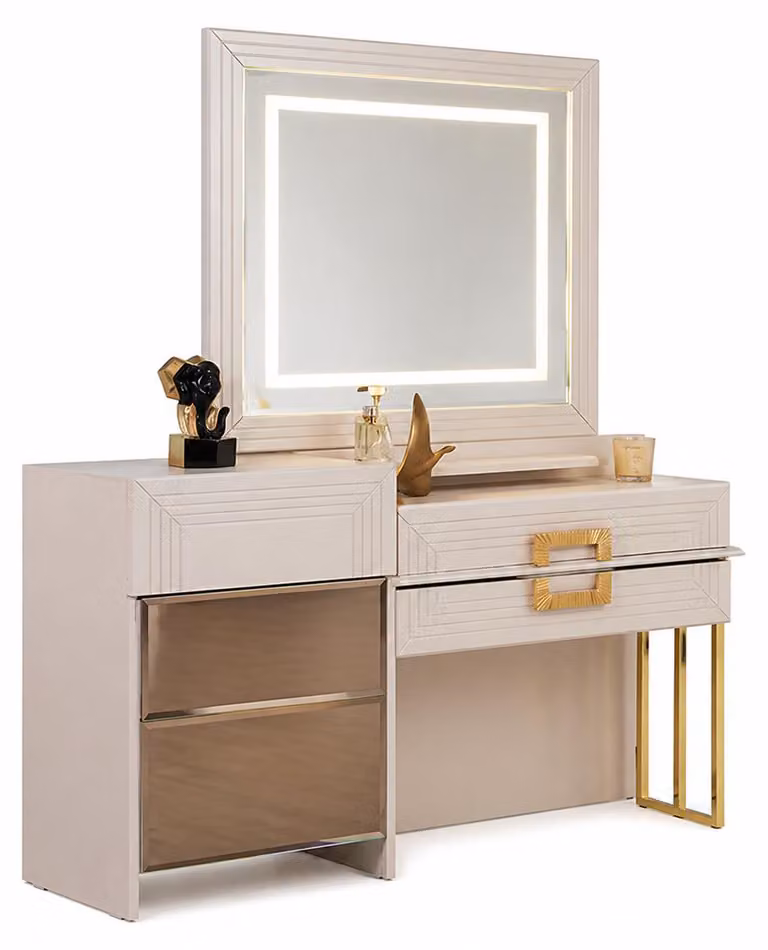 Toaletka z lustrem i złotymi akcentami – Modern Beige – stylowe meble