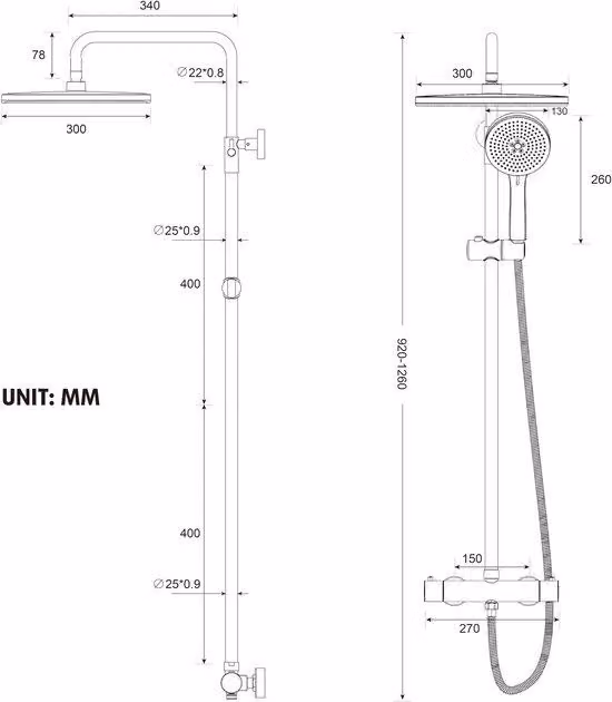 QuickShopping - system prysznicowy z termostatem, czarny deszczowy prysznic 30 cm, 5 jet, regulowana wysokość 92-126 cm, kompletowy zestaw prysznicowy z kranem