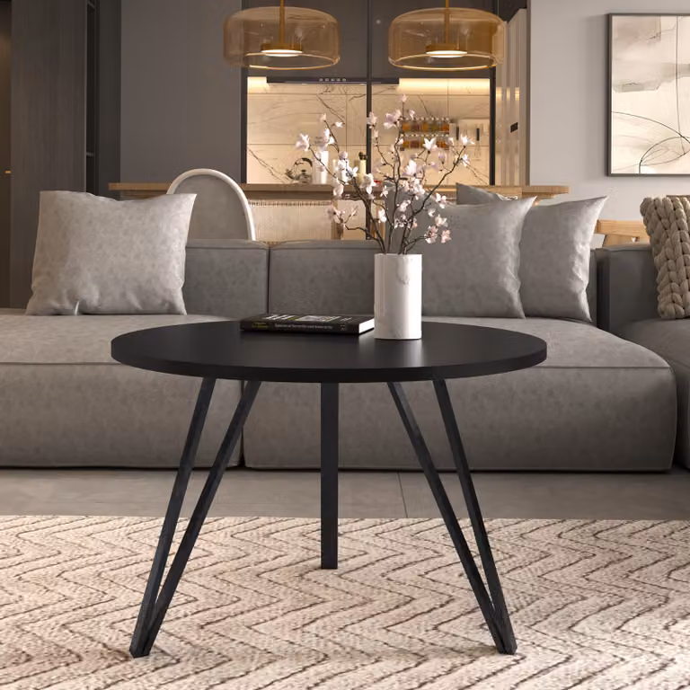 Meble designerskie – okrągły stolik kawowy 67 cm – laminowany blat i metalowa podstawa – nowoczesny stolik do salonu w stylu loftowym