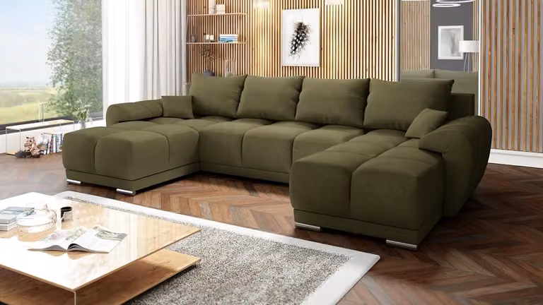 Easy4You Honey w kształcie litery U, 362 x 85 x 183 cm, z funkcją spania i schowkiem – rozkładana sofa z pojemnikiem na pościel i poduszkami – nowoczesne meble do salonu – materiał: Monolith Olive (MO-38)
