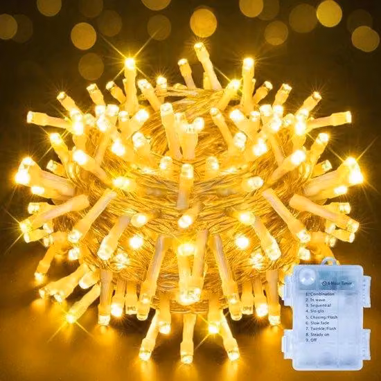Lekki sznurek do użytku na zewnątrz, bateria 10 m, 100 diod LED, ciepłe białe, 8 trybów, zegarek, IP44, świąteczne światła do wnętrza i na zewnątrz, ogród, balkon, kemping, świąteczne dekoracje, ślub, impreza