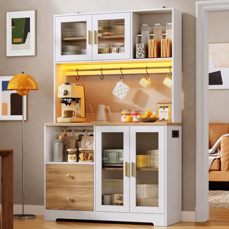 Wysoka szafka z gniazdkiem LED, półka na wino, szafka kuchenna, witryna, szafka typu bufet, kącik kawowy, kolor biały, imitacja drewna, wymiary: 110x40x178 cm