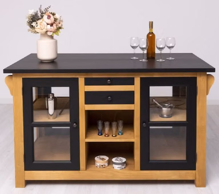Casa Padrino wyspa kuchenna w stylu rustykalnym czarna / kolory naturalne 150 x 90 x wys. 90 cm - Szafka kuchenna z litego drewna - Meble kuchenne z litego drewna w stylu rustykalnym - Meble do jadalni z litego drewna w stylu rustykalnym