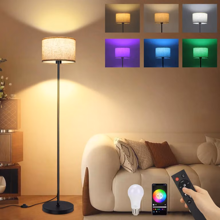 Lampa stojąca z abażurem z tkaniny, możliwość regulacji jasności, styl retro, sterowanie za pomocą aplikacji, żarówka LED 10W
