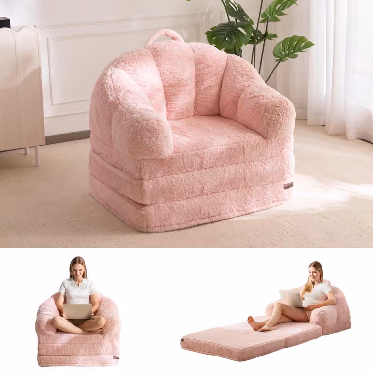 Rozkładana sofa z imitacji futra, różowa, wielofunkcyjna, z uchwytem, pufa, fotel wypoczynkowy