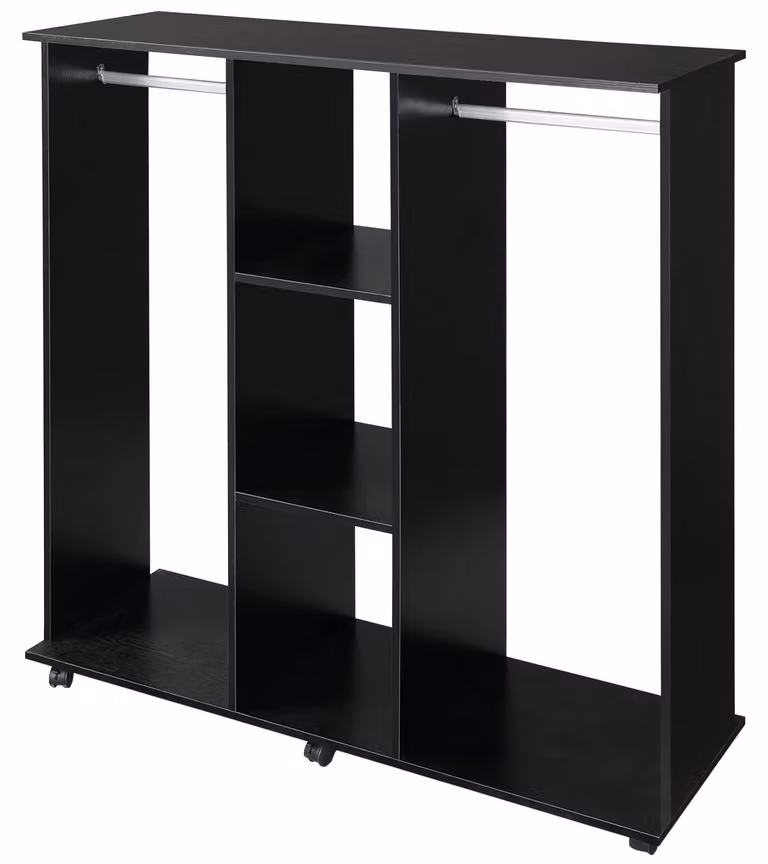 Otwarta szafa – mobilna garderoba – dwie wieszaki na ubrania – półki w środkowej części – kółka – 120 x 40 x 128 cm – czarny kolor