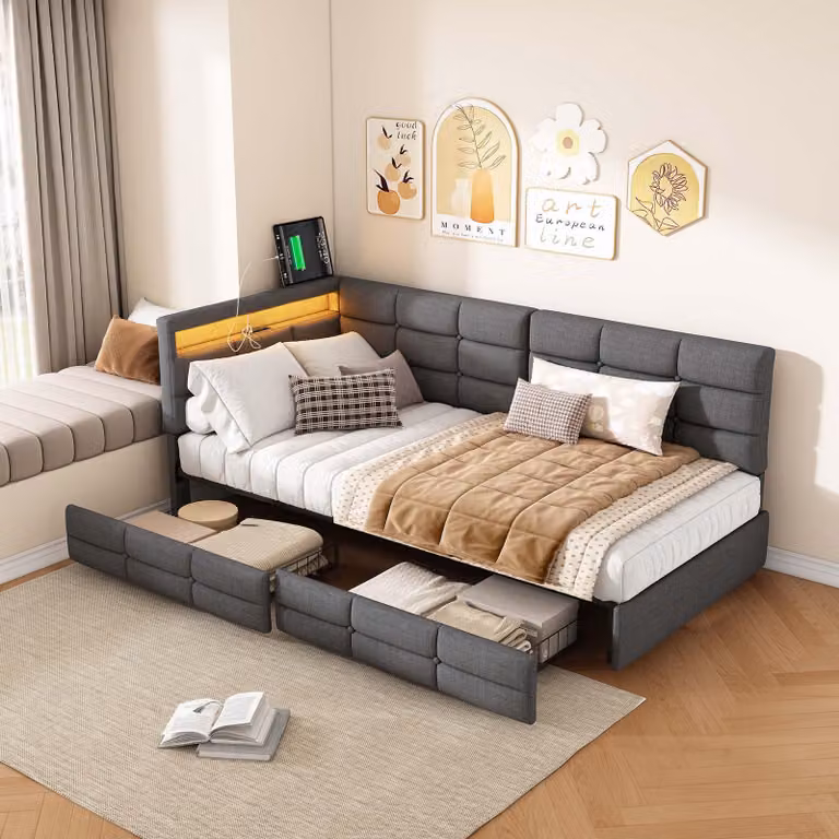 Łóżko tapicerowane rozkładane 90x200, łóżko pojedyncze z 2 szufladami, oświetleniem LED i funkcją ładowania przez USB typu C, funkcjonalne łóżko młodzieżowe Sofa rozkładana ze stelażem listwowym, pościel, bez materaca, szara
