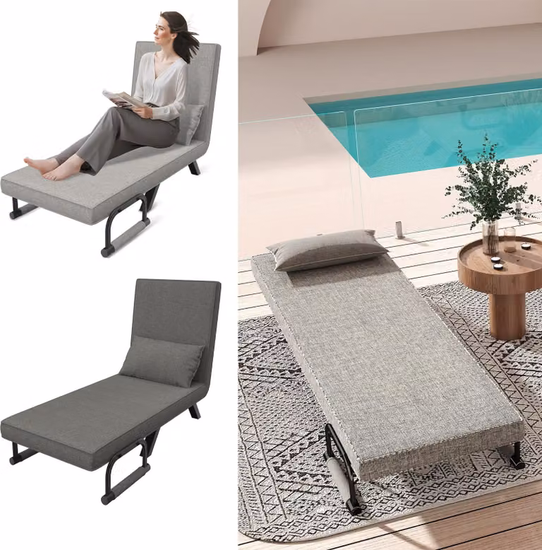 Fotel do spania XINZI 3 w 1 z regulowanym oparciem, rozkładana sofa, łóżko rozkładane, sofa do spania, metalowa rama, poszycie z lnu – kolor: ciemnoszary