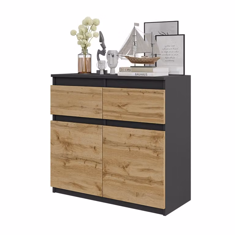 Komoda 80 Cm Antracyt / Dąb Wotan 2 Szuflady, 2 Drzwi, 2 Półki, Salon, Sypialnia