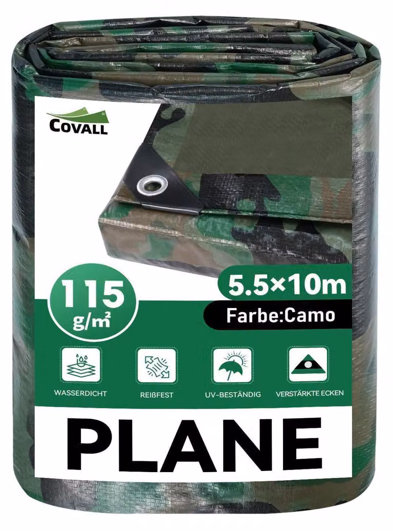 Plastikowa plandeka z oczkami, wodoodporna, kamuflażowa, o wymiarach 5,5 x 10 m, gramatura 115 g/m², odporna na promieniowanie UV, odporna na rozdarcia, wykonana z HDPE