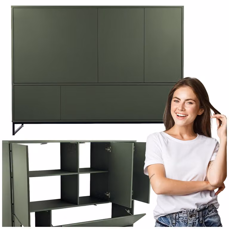 Komoda do salonu z półkami na nogach szafka zielona butlekowa 160cm GENUA