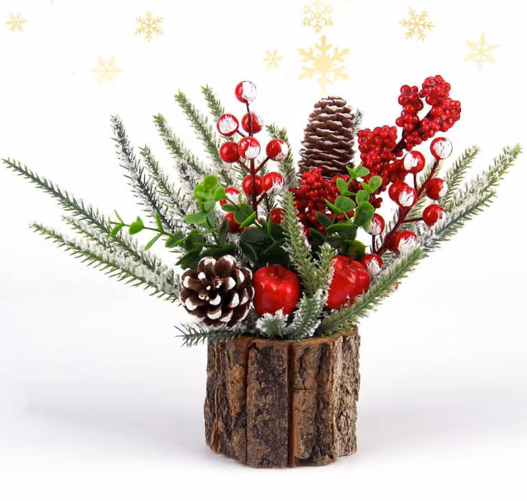 CHOINKA CHENYU, ozdobiona, mini choinka z czerwonymi jagodami i szyszkami, kompozycja świąteczna, stół, choinka na Boże Narodzenie (25 cm, gałęzie w kolorach zieleni i bieli, cylindryczna)