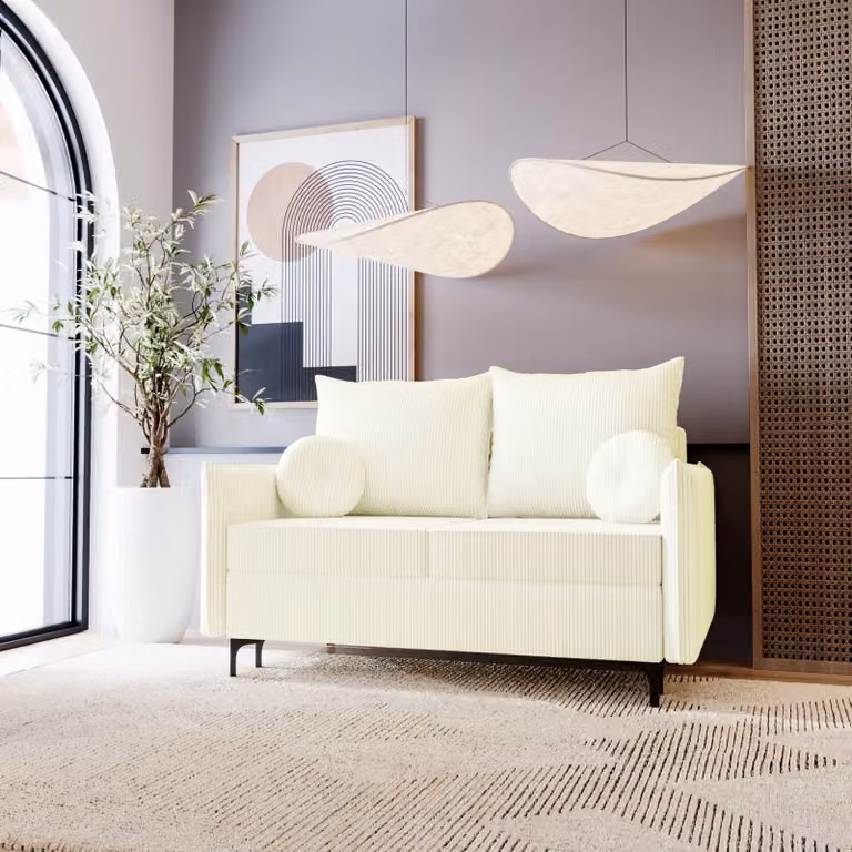 BESILIO Mała sofa z funkcją spania 145 cm Lion Small - Nowoczesna sofa, sofa z nogami, sofa do spania - Tkanina sztruksowa - Kremowy - Poso 38