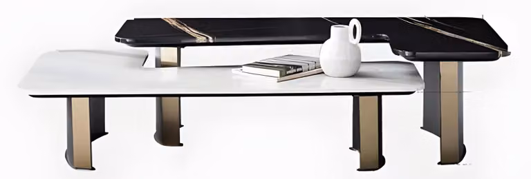 Zestaw stolików kawowych w kolorach czerni i bieli, designerskie meble do salonu, eleganckie stoliki