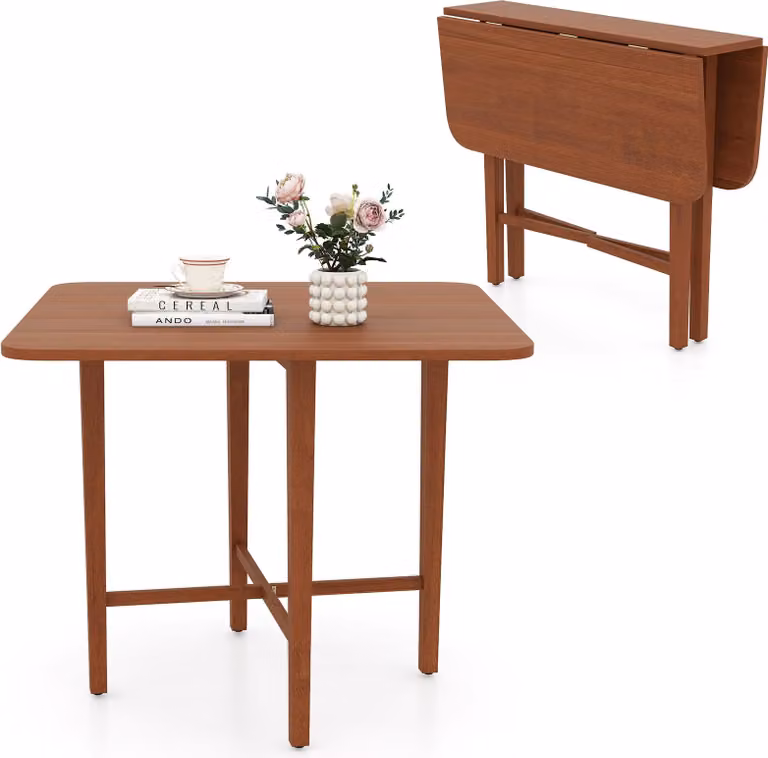 Składany stół do jadalni COSTWAY 90x90cm, stół do jadalni dla 2-4 osób, składany stół drewniany, stół kuchenny kwadratowy, stół konsolowy, orzech włoski